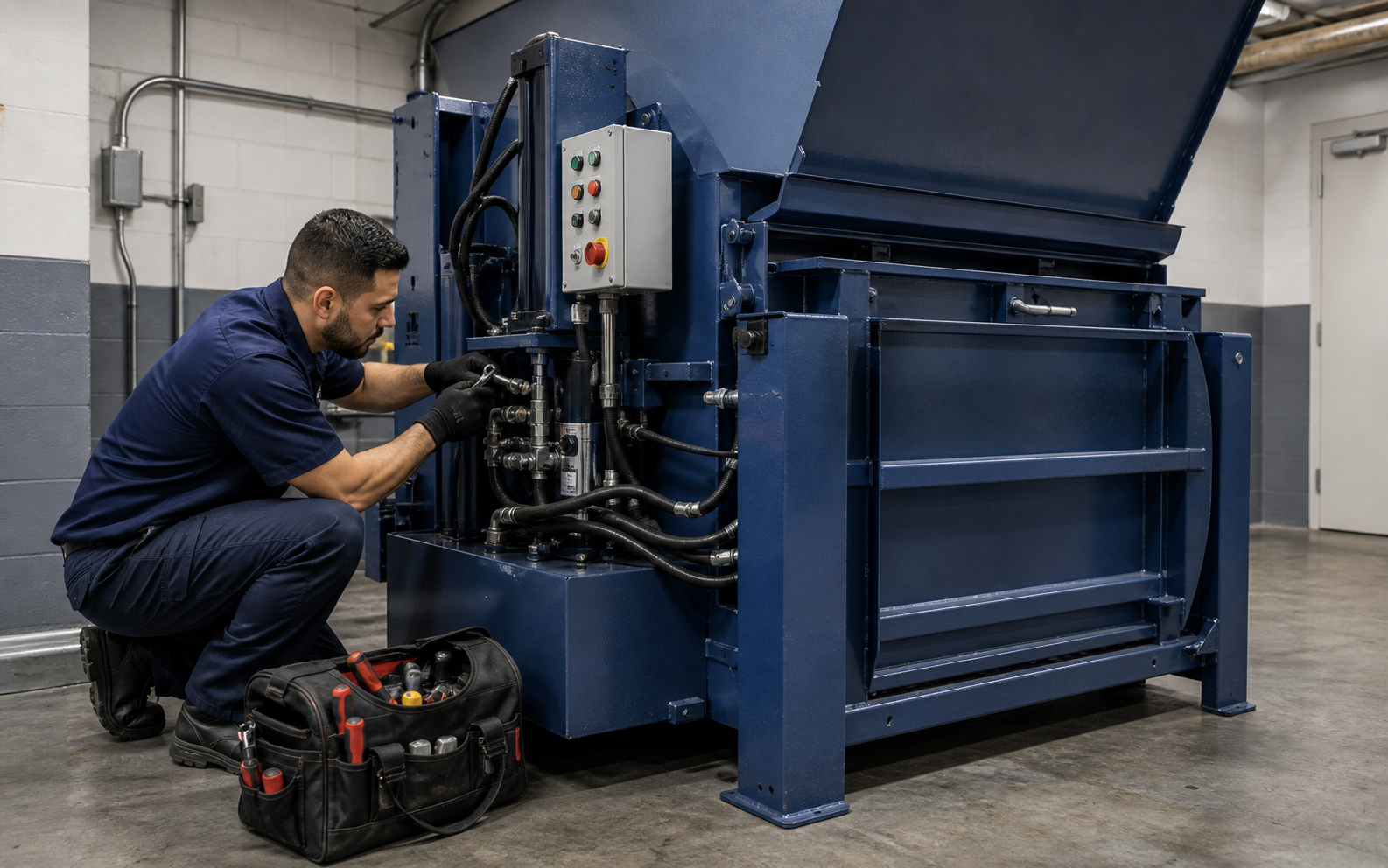 Compactor repair in a building mechanical room