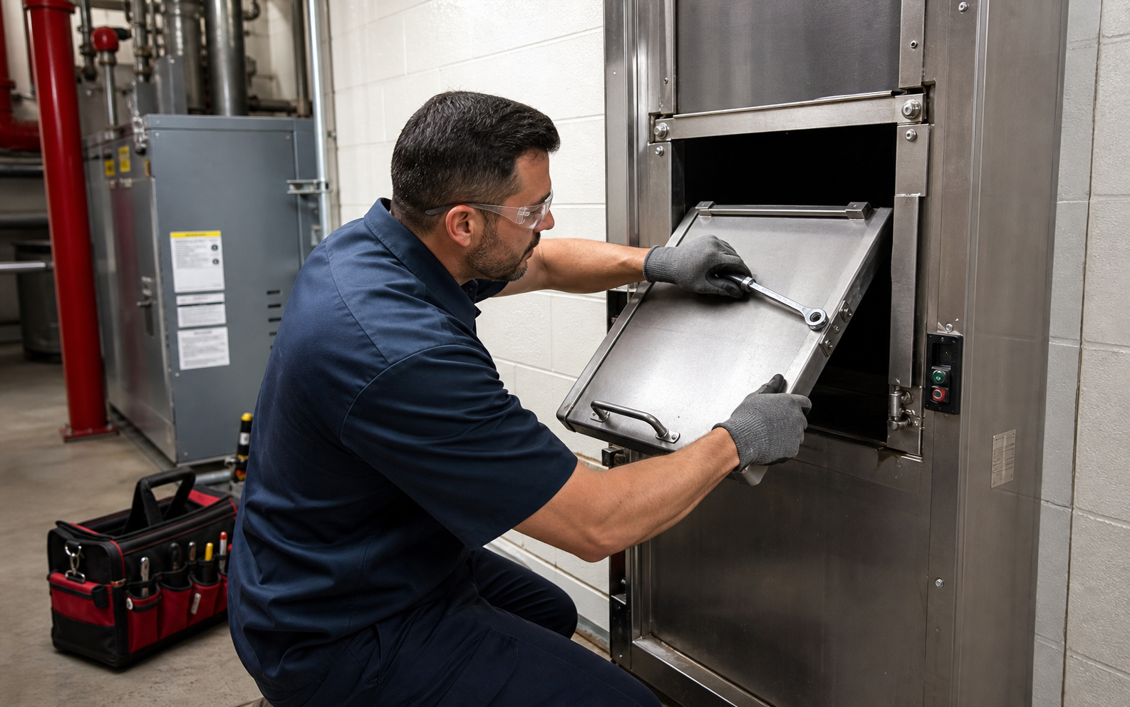 Technician repairing a trash chute hopper door